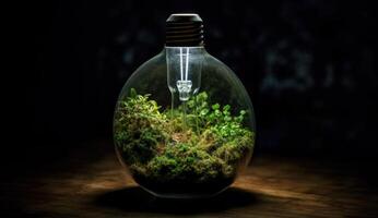 lysande glödande ljus Glödlampa med grön växt inuti, symboliserar eco vänlig innovation och energi bevarande. generativ ai foto
