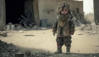 hemlös barn av krig offer, små barn med ledsen uttryck, generativ ai foto
