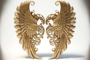 förgyllda ängel vingar på en vit bakgrund guld fjädrar. generativ ai foto