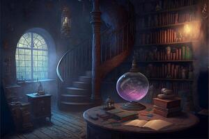 trollkarlar skola rum magisk böcker flytande. generativ ai foto
