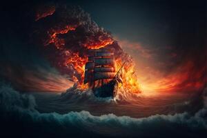 ett bild av en fartyg på brand i de hav. generativ ai. foto