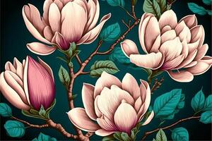 sömlös mönster med hand dragen magnolia blommor. generativ ai foto