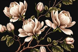 sömlös mönster med hand dragen magnolia blommor. generativ ai foto