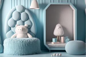 fotografi av en pastell blå barn sovrum fluffig furn. generativ ai foto