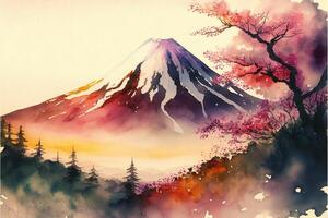 vattenfärg japan fuji berg. generativ ai foto