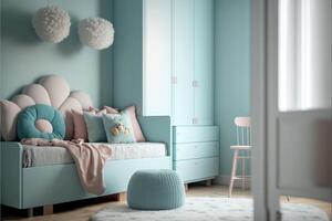 fotografi av en pastell blå barn sovrum fluffig furn. generativ ai foto