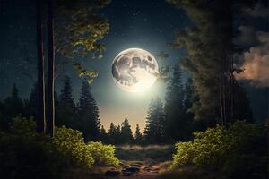 skog med rise mellan de träd kväll himmel måne. generativ ai foto