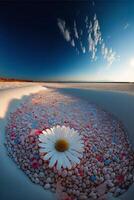 vit blomma Sammanträde på topp av en sandig strand. generativ ai. foto