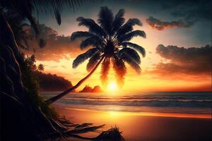 fantastisk landskap av strand med handflatan solsken. generativ ai foto