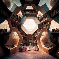 en hexagonal formad bibliotek med barn. generativ ai foto