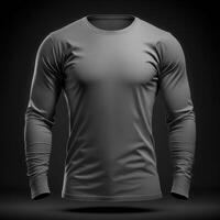 tom lång ärm grå tshirt mockup, nära upp grå t-shirt på mörk bakgrund ,generativ ai foto