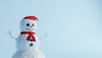 begrepp av jul vit Lycklig snögubbe med röd scarf och santa hatt på blå bakgrund. 3d illustration foto