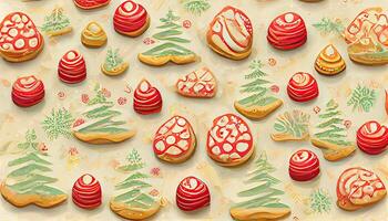 Lycklig glad jul kort med ingefära småkakor mönster. generativ ai foto