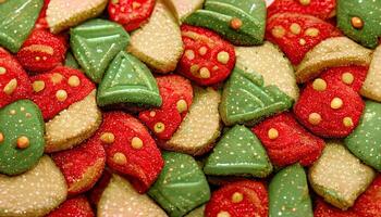grymt bra röd och grön jul småkakor med glasyr som sömlös mönster, detaljerad, färgad. generativ ai foto