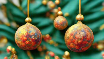 festlig jul träd bollar hängande i träd som jul dekoration bakgrund, detaljerad, färgad. generativ ai foto