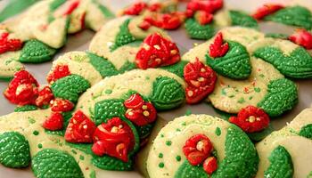 grymt bra röd och grön jul småkakor med glasyr som sömlös mönster, detaljerad, färgad. generativ ai foto