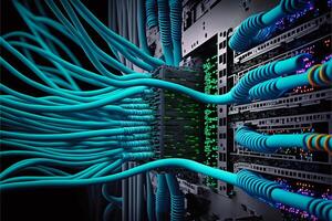 Ethernet kabel- på nätverk växlar och server. generativ ai foto