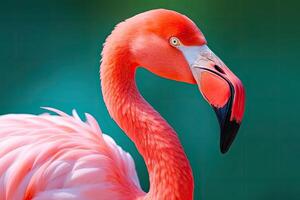 stänga upp porträtt av flamingo fågel på pastell färgad bakgrund. generativ ai foto