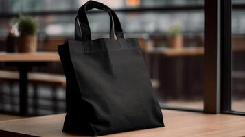 generativ ai, realistisk svart toto duk tyg väska uppstart i på interiör eller utomhus, shopper falsk upp tom. foto