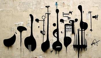 generativ ai, gata konst med nycklar och musikalisk instrument silhuetter. bläck graffiti konst på en texturerad papper årgång bakgrund, inspirerad förbi banksy foto