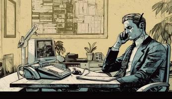 tecknad serie bild av en affärsman Sammanträde på hans kontor skrivbord, talande på de telefon, tar anteckningar eller signering dokument, skildrar en upptagen arbete miljö. foto