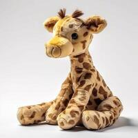 söt giraff djur- plysch leksak vit bakgrund djur- docka med generativ ai foto