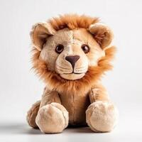 söt lejon djur- plysch leksak vit bakgrund djur- docka med generativ ai foto