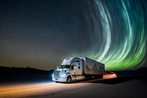 frakt transport lastbil på de väg med skön starry himmel och aurora borealis, generativ ai foto