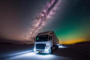 frakt transport lastbil på de väg med skön starry himmel och aurora borealis, generativ ai foto