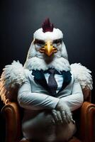 kyckling bär en kostym och slips Sammanträde i en stol. generativ ai. foto