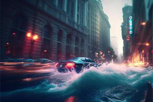 bil är körning genom de vatten på en stad gata. generativ ai. foto