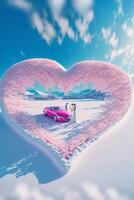 brud och brudgum stående i främre av en rosa bil. generativ ai. foto