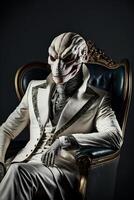 man i en kostym Sammanträde i en stol med en får mask på hans huvud. generativ ai. foto
