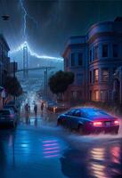 bil är körning genom en översvämmad gata. generativ ai. foto