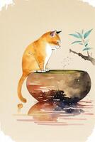 vattenfärg målning av en katt Sammanträde på en pott. generativ ai. foto