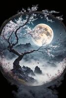 landskap under de måne en plommon blomma. generativ ai. foto