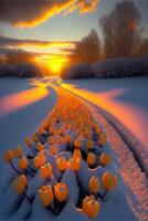 fält av tulpaner i de snö på solnedgång. generativ ai. foto