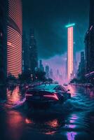 bil körning genom en översvämmad stad på natt. generativ ai. foto