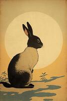 svart och vit kanin Sammanträde i främre av en full måne. generativ ai. foto