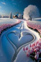 snö täckt fält med rosa tulpaner i de form av en hjärta. generativ ai. foto