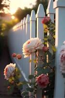 frodig rosa reste sig blommor i blomma. generativ ai. foto