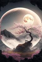 landskap under de måne en plommon blomma. generativ ai. foto