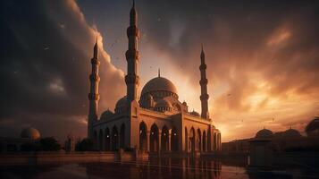 ai generativ moskéer kupol silhuett på mörk guld skymning himmel i natt med halvmåne måne på solnedgång. arabiska, eid al-adha, mubarak muslim begrepp foto