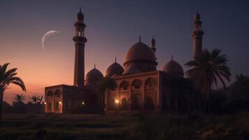 ai generativ moskéer kupol silhuett på mörk guld skymning himmel i natt med halvmåne måne på solnedgång. arabiska, eid al-adha, mubarak muslim begrepp foto