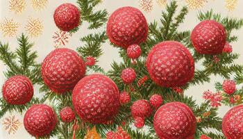 röd jul träd bollar och snöflingor som sömlös mönster, detaljerad, färgad. generativ ai foto