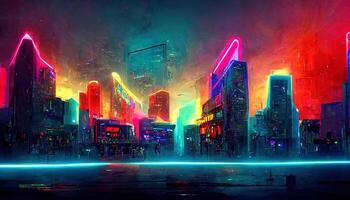 bakgrund med natt stad i neon lampor. generativ ai foto