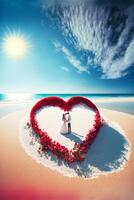 brud och brudgum stående i de form av en hjärta på de strand. generativ ai. foto