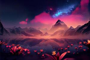 målning av en berg med blommor i de förgrund. generativ ai. foto