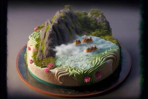 stänga upp av en kaka med en berg i de bakgrund. generativ ai. foto