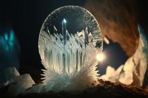 kristall boll Sammanträde på topp av en lugg av is. generativ ai. foto